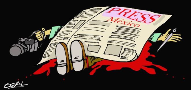O Brasil mata mais jornalistas que o México. Ilustração de  Osvaldo Gutierrez Gomes